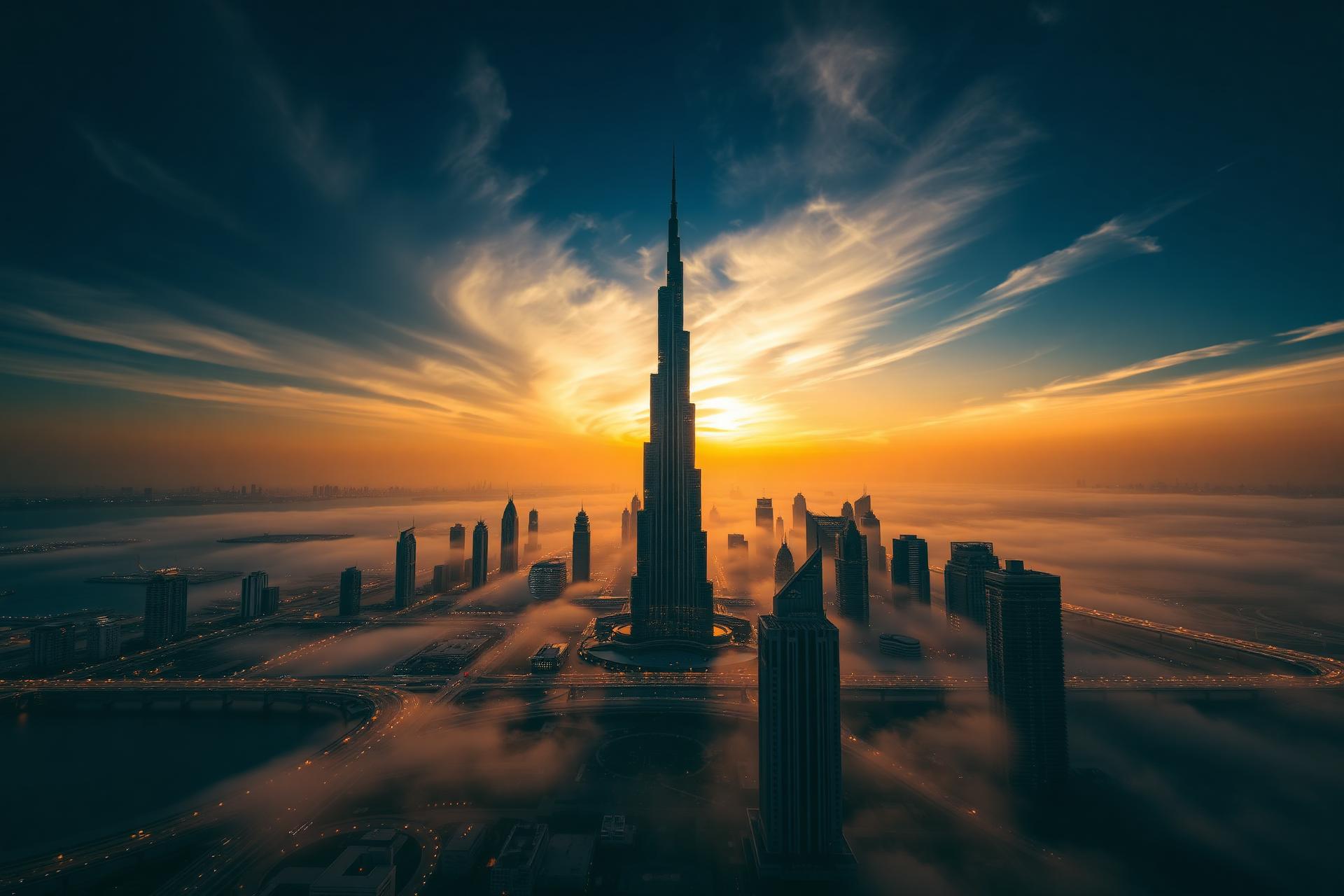 Dubai skyline at golden hour